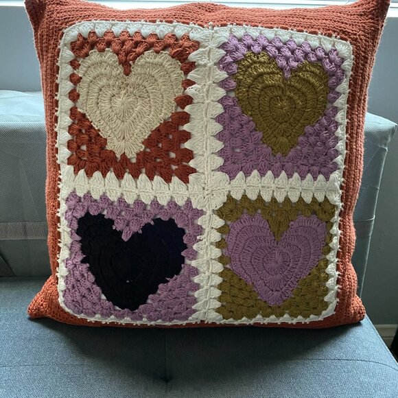 Hand knit Crochet Heart cotton throw and pillow with pillow cover - Picture 3 of 9